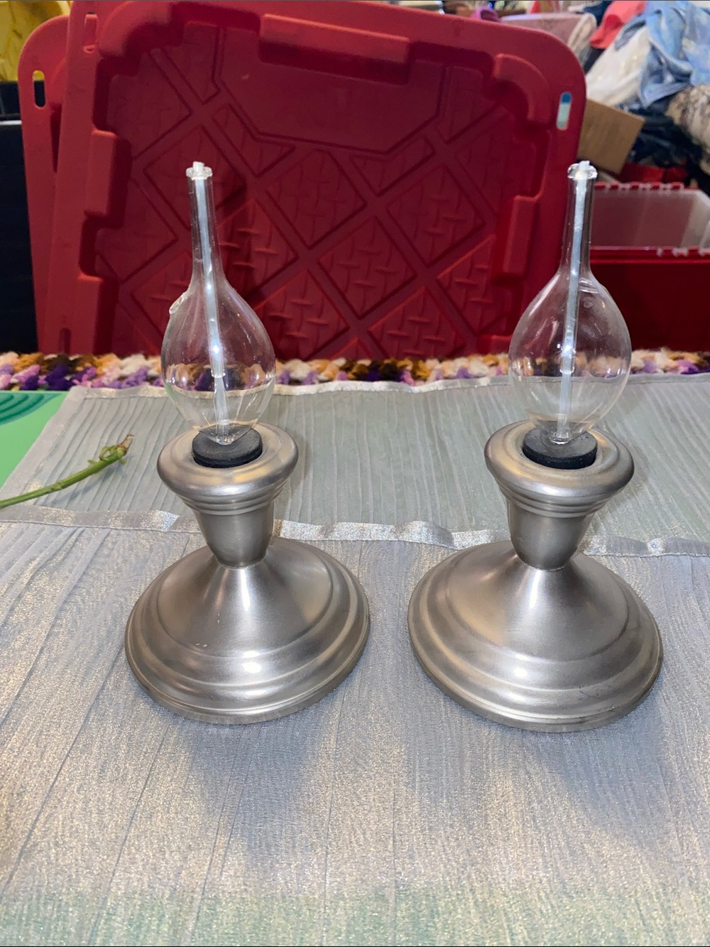 Pewterlite F B Rogers Pair of Silver Glass Oil Candle Holders
